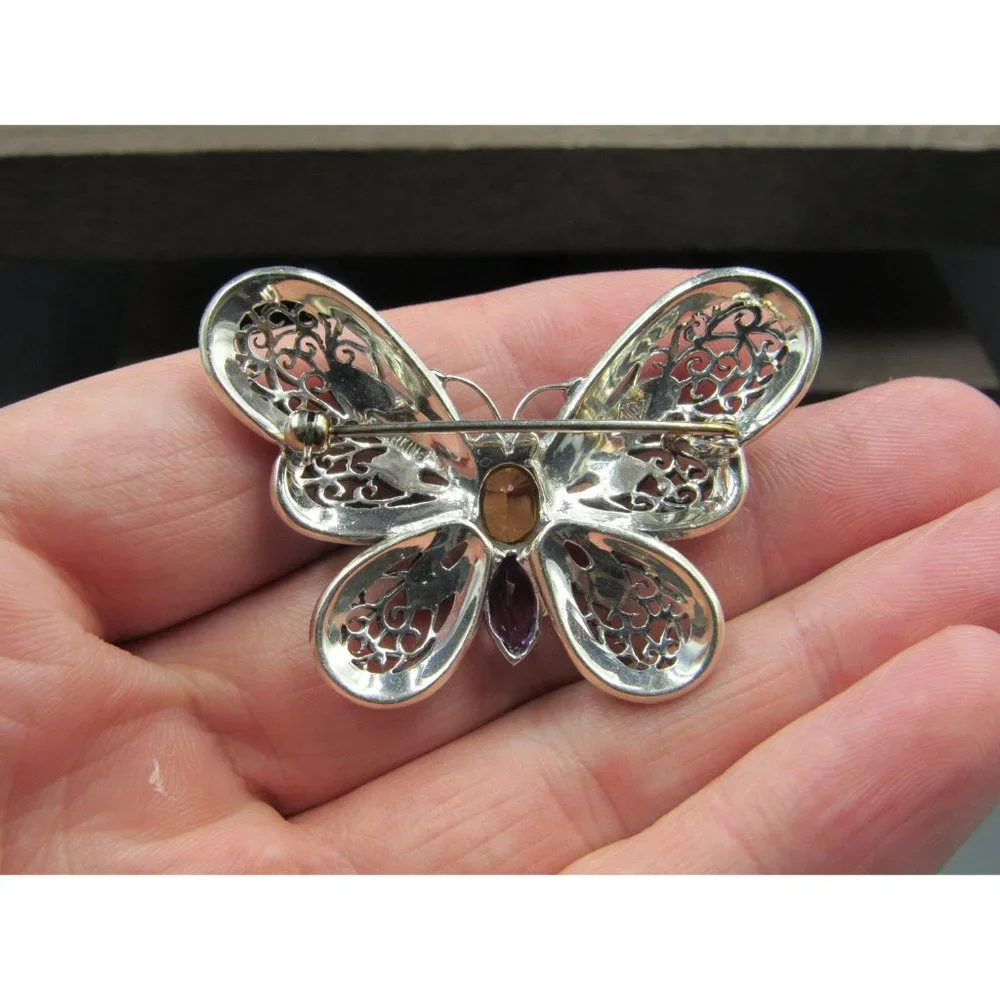 Sterling Silver Citrine Amethyst Marcasite Butterfly Pin Brooch - Picture 4 of 7